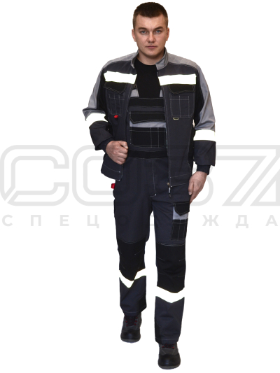 Костюм рабочий Мега Коттон с СОП цв.т.серыйсв.серыйчёрный тк.смесовая с МВО (куртка+пк) (1)