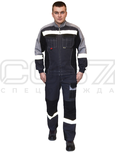 Костюм рабочий Мега Коттон с СОП цв.т.серыйсв.серыйчёрный тк.смесовая с МВО (куртка+брюки)1 (1)